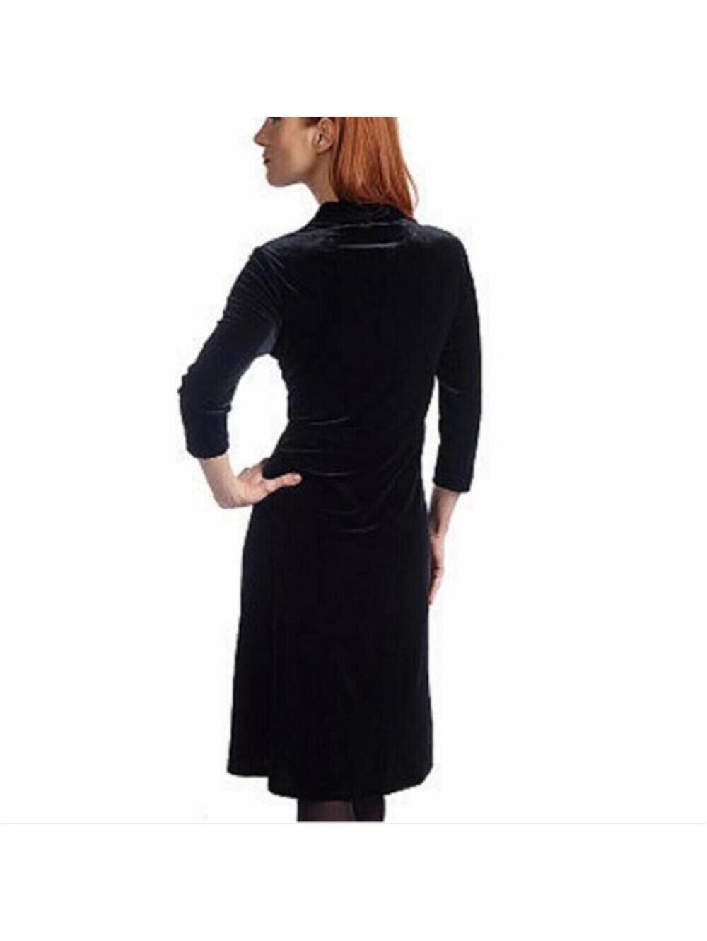 George Simonton Black Velvet Ruched Midi Dress Medium LBD V-neck 3/4 Sleeves - Picture 2 of 10